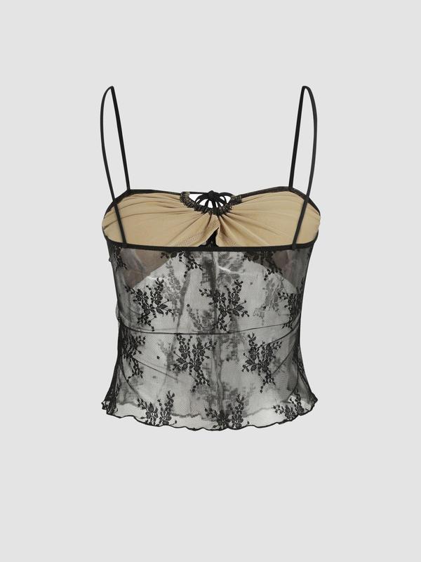 Women's Ditsy Floral Lace Sheer Lettuce Trim Crop Cami Top, 2000s Y2K Asymmetrical Hem Drawstring Tie Front Top, Ladies Clothes for Summer