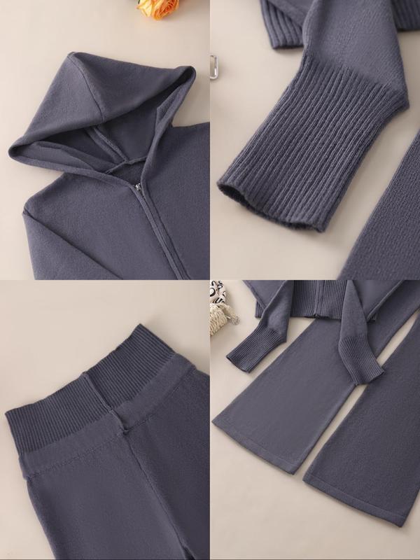 Women's Solid Zip Up Crop Hoodie & Flare Leg Pants Two-piece Set, Casual Long Sleeve Hooded Top & Bell Bottom Trousers for Fall & Winter, Women's Clothes for Daily Wear
