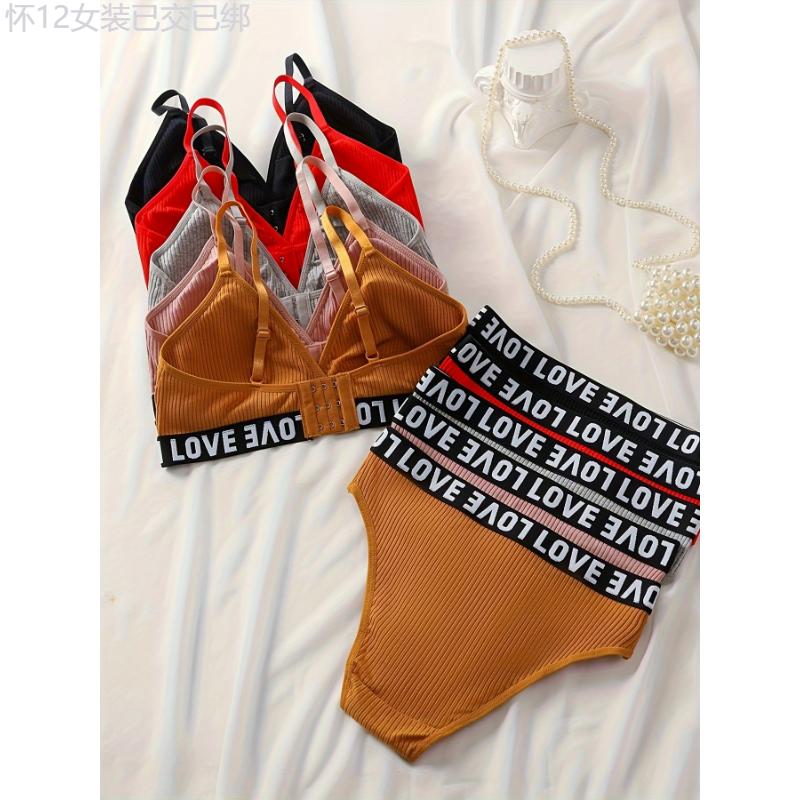 5 Sets Ribbed Fabric Comfortable Casual Lingerie Set, Assorted Colors, Sports Bra With Love Band, Matching Bikini Panties, Women's Daily Wear Womenswear Cotton Bridal Print Bridal Print