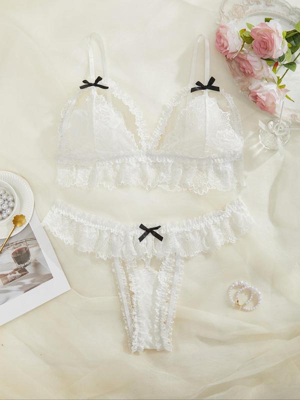 Women's Plain Bow Decor Cut Out Lace Sexy Lingerie Set, Chic Elegant Ruffle Trim Push Up Bra & Thong Set, Soft Comfy Breathable Lingerie Set for Women