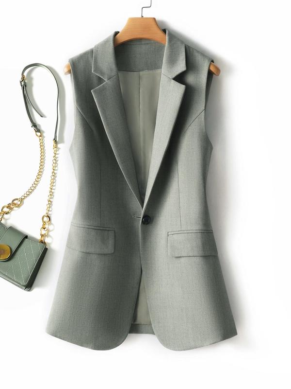 Womenswear Solid Button Front Lapel Neck Vest Blazer, Minimalist Comfort Basic Pocket Design Waistcoat for Work Office Business, Ladies Spring & Fall Clothes