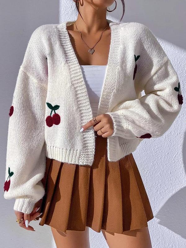 Women's Cherry Embroidery Cable Knit Crop Cardigan, Cute Long Sleeve Open Front Knitwear for Fall & Winter, Fashion Women's Knit Clothing for Daily Wear