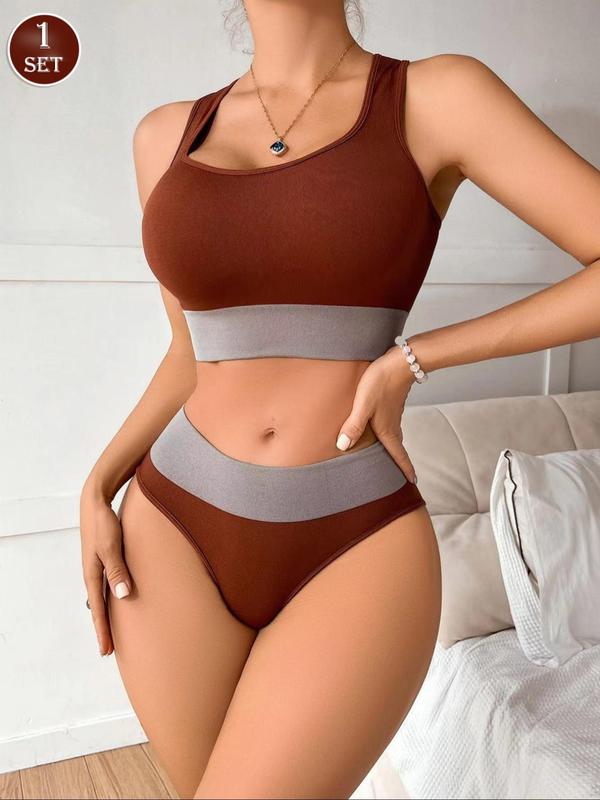 Two-Piece Set Women's Patchwork Print Wireless Bra & Drop Waist Panty Two-piece Set, Casual Comfy Breathable Underwear Set for Daily Wear, Ladies Underwear for All Seasons