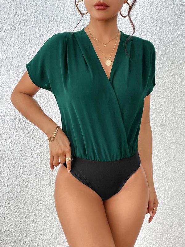 Women's Plain Wrap Batwing Sleeve Bodysuit, Elegant Deep V Neck Short Sleeve Bodysuit, Women's Summer Clothes for Daily Wear