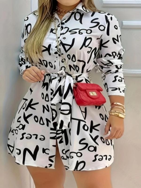 Women's Letter Print Button Front Belted Shirt, Casual Long Sleeve Collared Top for Daily Wear, Ladies Clothes for All Seasons
