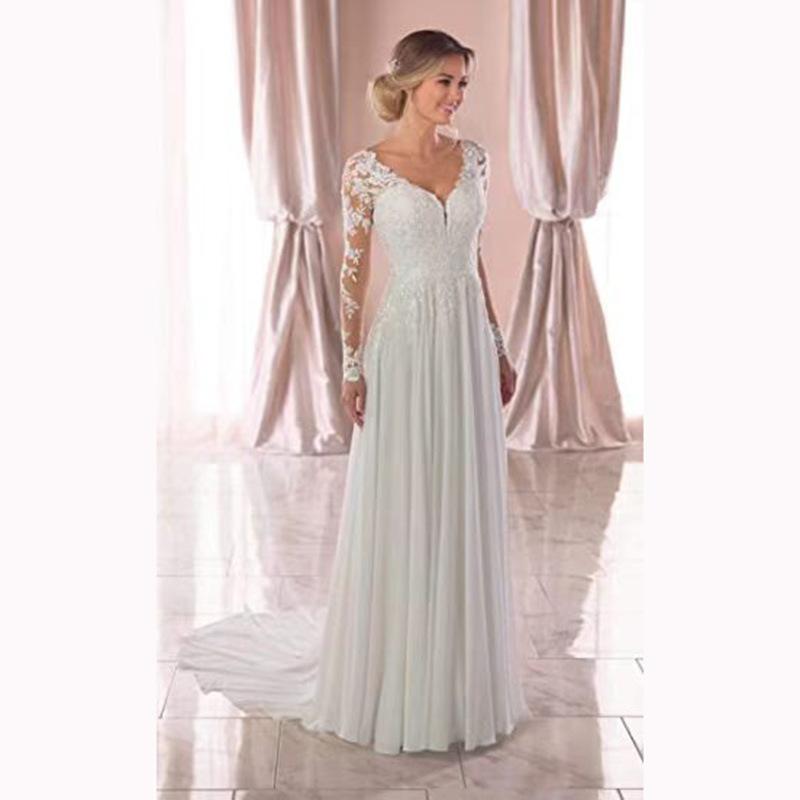 58-HS3494 Wedding dress trailing V-neck long-sleeved lawn wedding travel pat backless lace light wedding dress