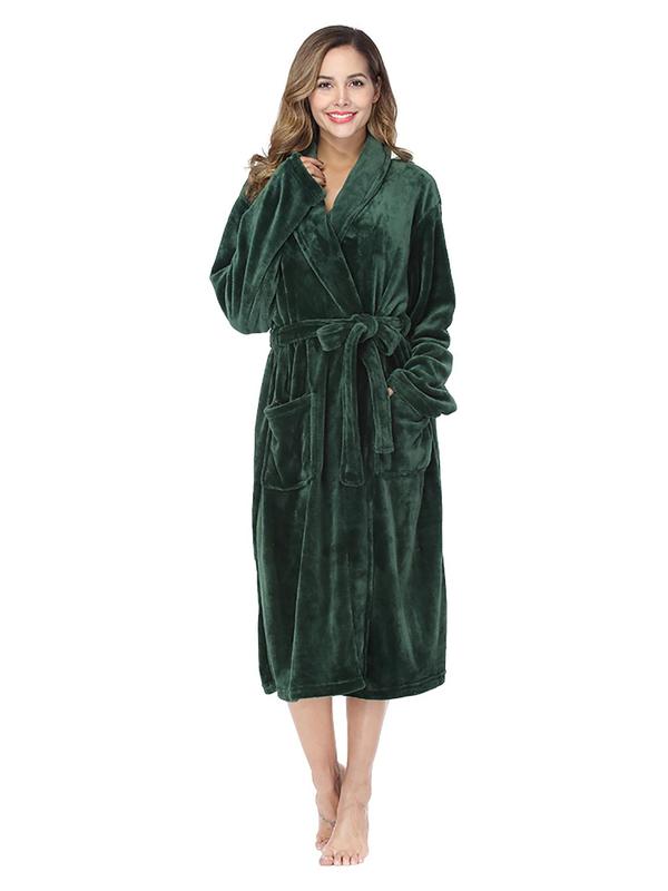 Women's Solid Dual Pocket Belted Flannel Pj Robe, Mean Girls Long Sleeve Shawl Collar Dressing Gown, 2000s Robe，Women's Sleepwear for Fall & Winter, Cold Weather Gear, Robe for Women, Fall Wear, Fallfreshness