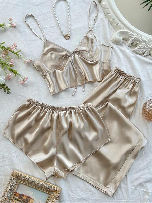 Three-piece Set Women's Solid Bowknot Decor Crop Cami Top & Shorts & Pants Satin Pyjama Set, Casual Comfy Loungewear Set for Women, Women's Sleepwear for All Seasons