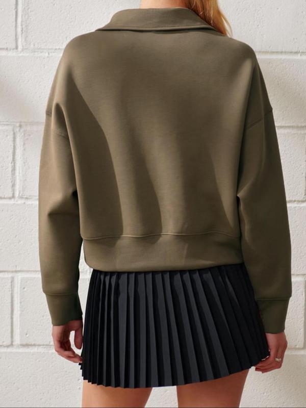 Women's Plain Drop Shoulder Polo Sweatshirt, Casual Long Sleeve Collared Pullover for Fall & Winter, Ladies Clothes for Daily Wear