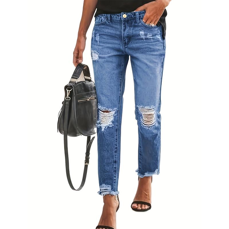 Female stretch boyfriend style jeans with holes, distressed, comfortable design, five pocket design, faded and washed, loose fit