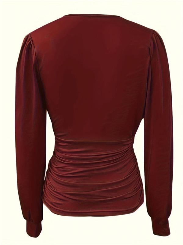 Women's Solid Ruched Deep V Neck Blouse, Casual Long Sleeve Going Out Tops for Spring & Fall, Summer Clothes, Women's Clothes for Daily Wear