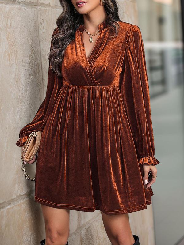 Women's Velvet Wrap V Neck Flounce Sleeve Dress, Casual Ruffle Trim Frill Trim A Line Short Dress for Fall & Winter, Women's Clothing for Daily Wear