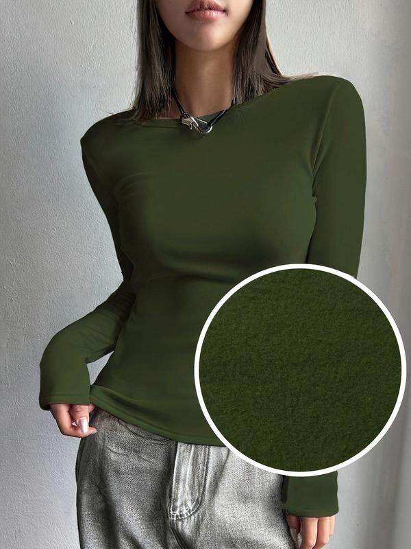 Women's Solid Thermal Lined Crewneck Top, Casual Long Sleeve Round Neck Top for Fall & Winter, Women's Thermal Underwear for Daily Wear