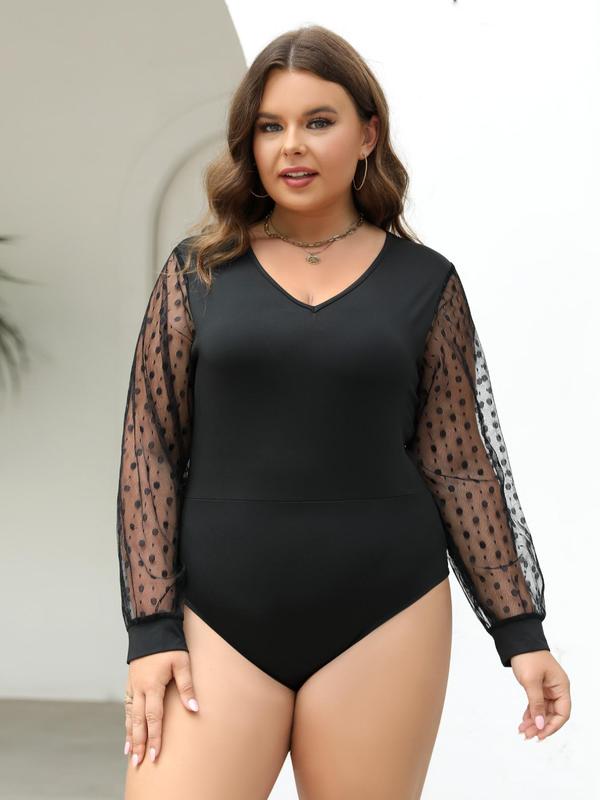  Plain Contrast Mesh Sheer Bishop Sleeve One-piece Bodysuit, Elegant Casual Long Sleeve V Neck Bodysuit for Spring & Fall, Women's Clothes for Daily Wear