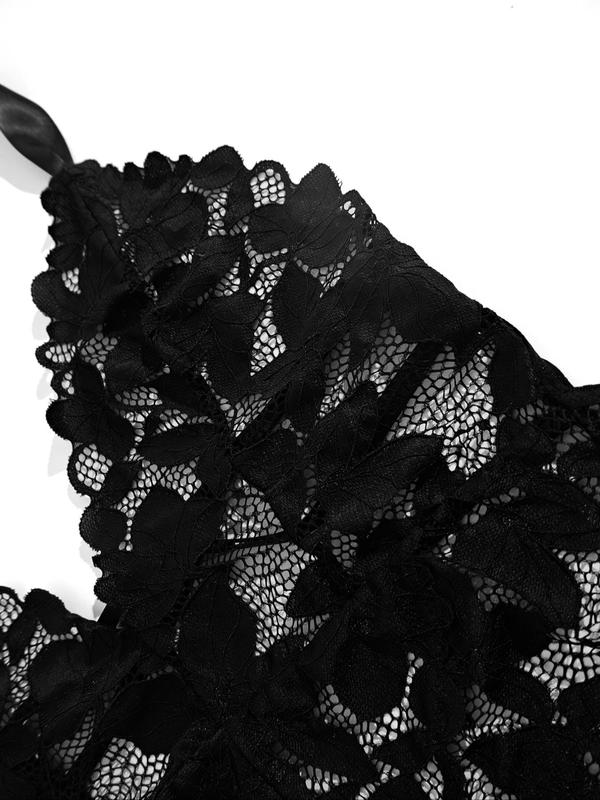 Women's Plants Embroidery Lace Sexy Lingerie Bodysuit, Romantic Deep V Neck Tie Backless Halter Sheer Bodysuit, Ladies One-Piece Lingerie for Nightwear