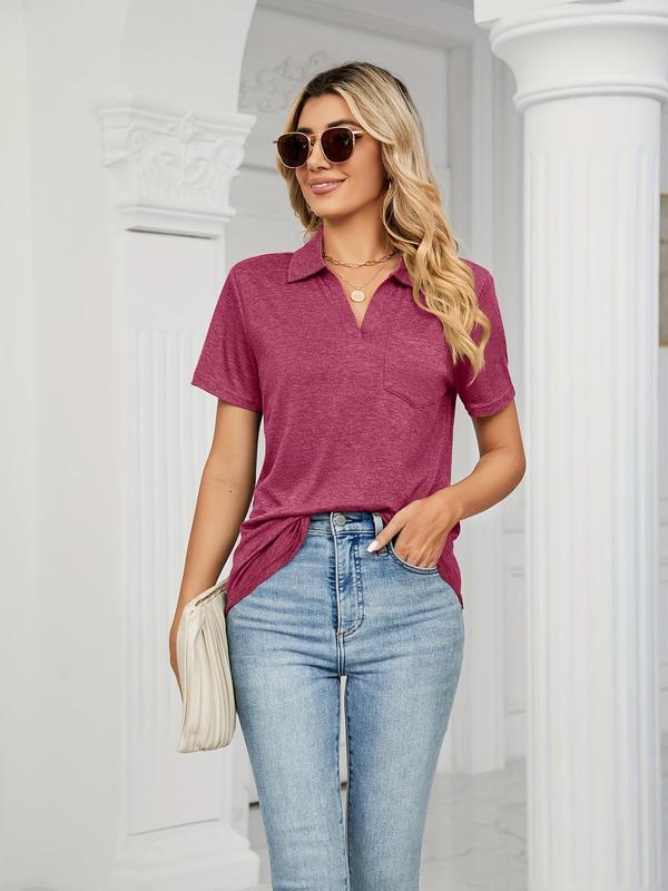 Women's Plain Pocket Polo Neck Tee, Casual Short Sleeve T-Shirt for Daily Wear, Ladies Clothes for All Seasons