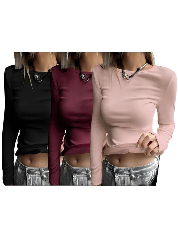Women's Solid Thermal Lined Crewneck Top, Casual Long Sleeve Round Neck Top for Fall & Winter, Women's Thermal Underwear for Daily Wear