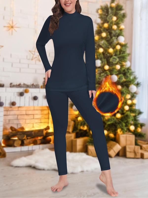 Two-piece Set Women's Solid Color Thermal Underwear Set, Casual Comfy Warm Long Sleeve Top & Leggings for Fall & Winter, Women's Sleepwear for Indoor Wear