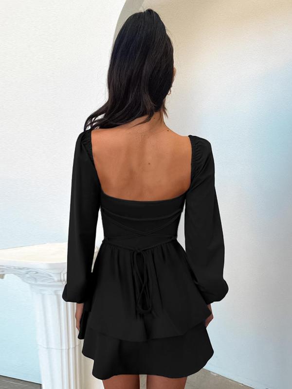 Women's Solid Backless Tie Front Bishop Sleeve Tiered Layer Dress, Elegant Sweetheart Neck Short Dress for Party Holiday Wedding Guest, Ladies Fall Clothes