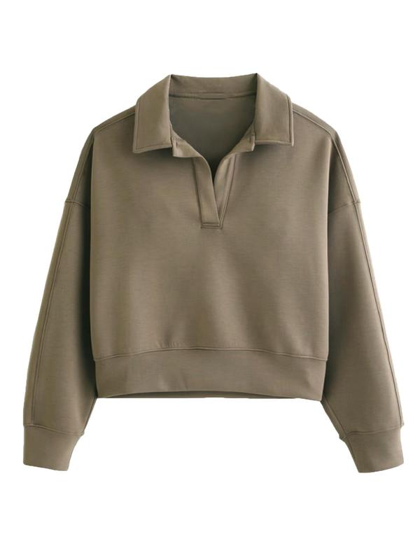 Women's Plain Drop Shoulder Polo Sweatshirt, Casual Long Sleeve Collared Pullover for Fall & Winter, Ladies Clothes for Daily Wear
