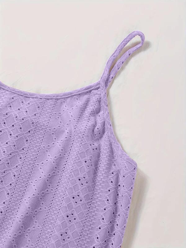  Solid Color Eyelet Embroidery Cami Nightdress, Casual Soft Comfortable Sleeveless Nightgown for Women, Women's Sleepwear for All Seasons