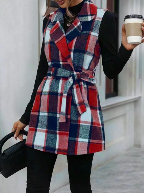 Women's Plaid Print Belted V Neck Waistcoat, Casual Fashion Comfy Gilet Coat for Daily Outdoor Wear, Women Clothes for Fall, Lady Fitted Vest Coat Womenswear, Back To School Outfit for Christmas