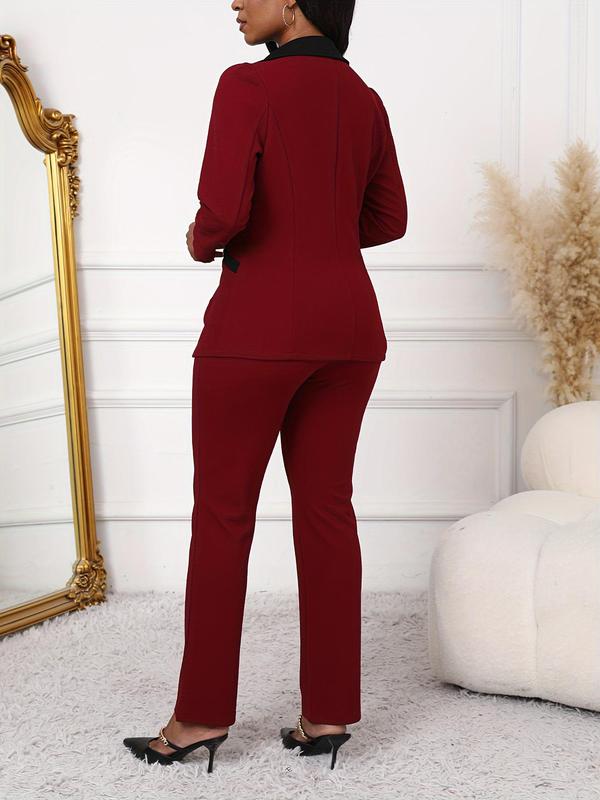Two-piece Set Women's Colorblock Lapel Neck Pocket Button Blazer & Pants, Elegant Fashion Two Piece Outfits for Work Office Business, Ladies Clothes for All Seasons