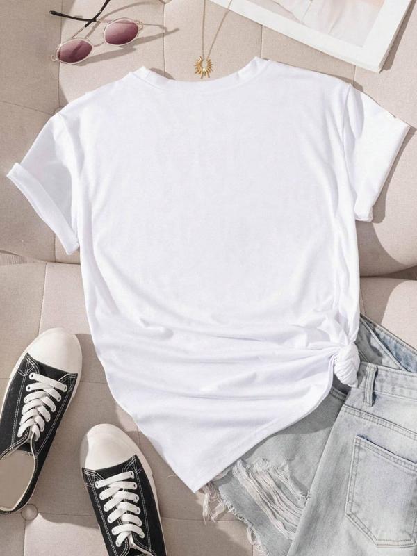 Women's Letter Print Round Neck Tee, Fashion Casual Crew Neck Short Sleeve T-shirt for Daily Holiday Vacation Outdoor Wear, Ladies Clothes for Summer