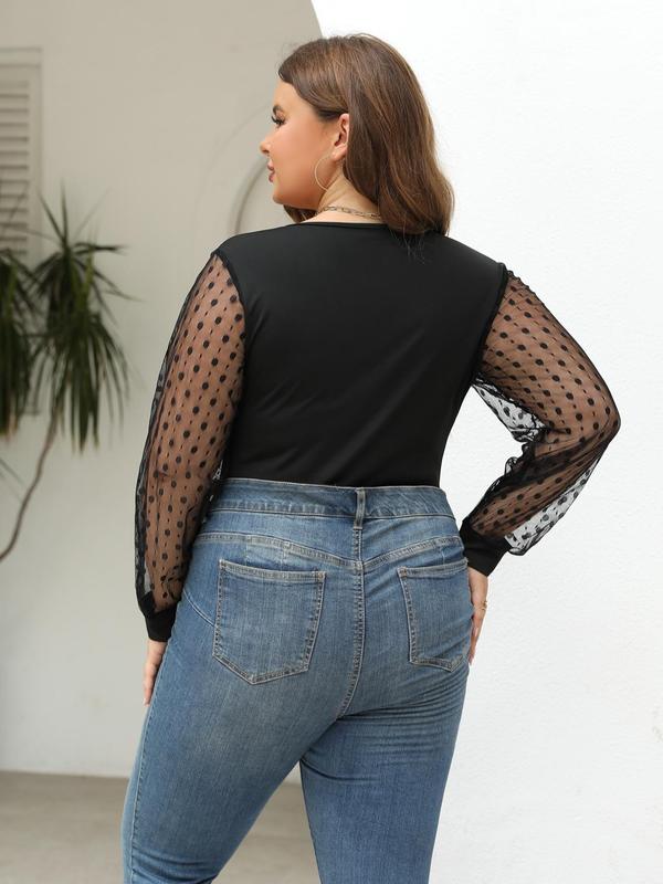 Plain Contrast Mesh Sheer Bishop Sleeve One-piece Bodysuit, Elegant Casual Long Sleeve V Neck Bodysuit for Spring & Fall, Women's Clothes for Daily Wear