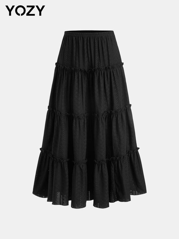 YOZY [4 colors, size 0 2-14] Plain Ruffle Trim Long Skirt  Elegant Elastic Waist A-Line Skirt, 2024 Women's Summer Outfits for Beach, Holiday, Vacation, [XS-XXL]