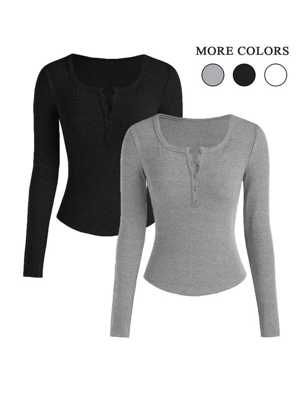 Fall Women's Solid Button Front Ribbed Shirts, Casual Long Sleeve Round Neck T-shirt for Fall, Women's Top for Daily Wear, Fall Vintage 90s Tees, Downtown Girl Clothes