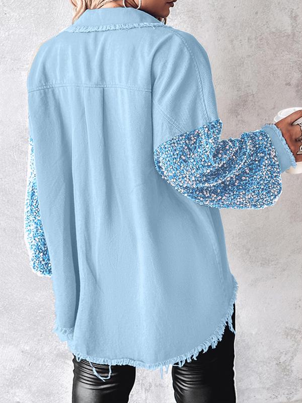  Contrast Sequin Raw Hem Button Front Shirt Jacket, Casual Long Sleeve Collared Pocket Outerwear for Fall & Winter, Women's Clothes for Daily Wear