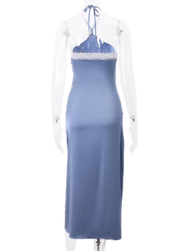 Women's Contrast Lace Tie Backless Halter Dress, Elegant Sleeveless Long Dress for Party Dating Wear, Ladies Summer Clothes, 90s Clothes