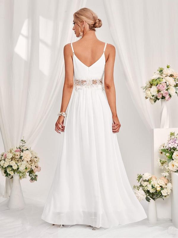 Women's Plain Contrast Lace Chiffon Wedding Vintage Dress, Elegant Embroidery Long Cami Dress, Summer Outfits 2024, Ladies Summer Clothes for Party Wedding Guest