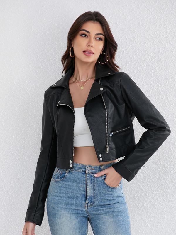 Women's Solid Button Front Pocket Zipper PU Leather Crop Jacket, Street Fashion Long Sleeve Lapel Outerwear for Daily Wear, Ladies Clothes for All Seasons