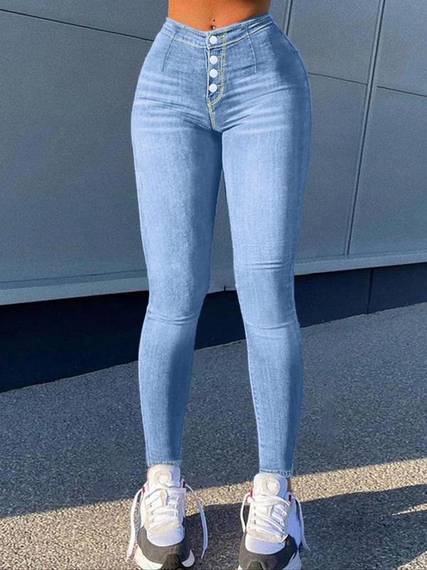 Women's Plain High Waist Button Fly Skinny Jeans, Casual Comfy Pocket Design Denim Jeans for Daily Wear, Ladies Bottoms for All Seasons