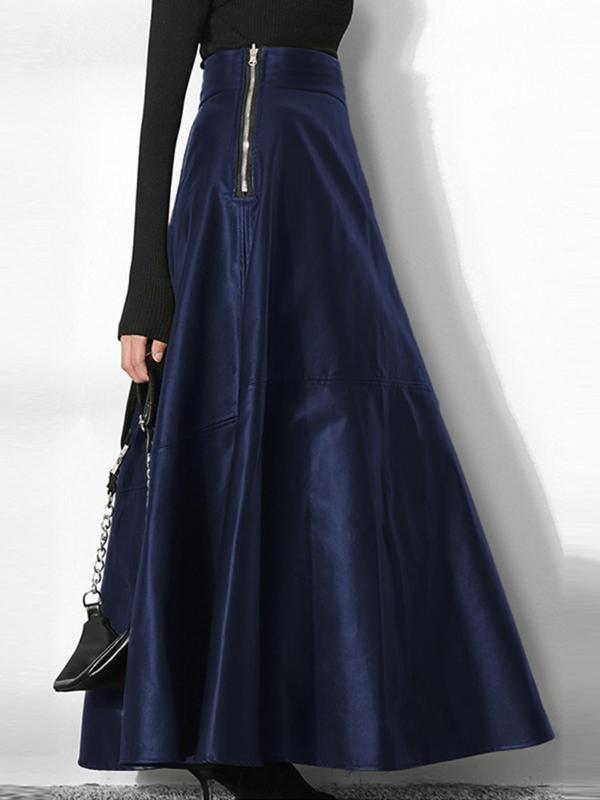 Women's Solid Color High Waist A Line Skirt, Fashionable PU Leather Skirt for Daily Outdoor Wear, Women's Bottoms for Fall & Winter
