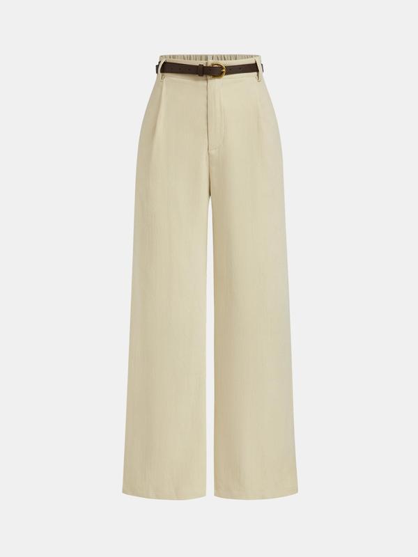 YOZY Two-Piece Set Women's Solid Color Button Front Jacket & Plicated Wide Leg Pants, Long Sleeve Round Neck Outerwear & Pocket Belted Trousers for Work Office Business, Ladies Spring & Fall Clothes