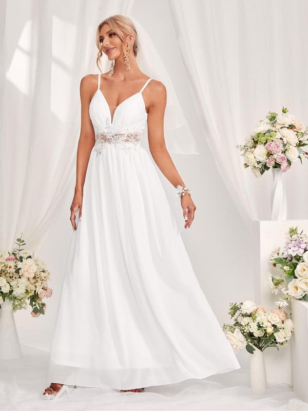 Women's Plain Contrast Lace Chiffon Wedding Vintage Dress, Elegant Embroidery Long Cami Dress, Summer Outfits 2024, Ladies Summer Clothes for Party Wedding Guest