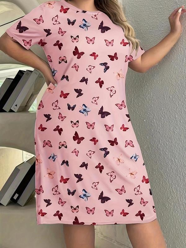  Butterfly & Rabbit Print Round Neck Nightdress, Casual Soft Comfortable Short Sleeve Nightgown for Women, Women's Sleepwear for All Seasons