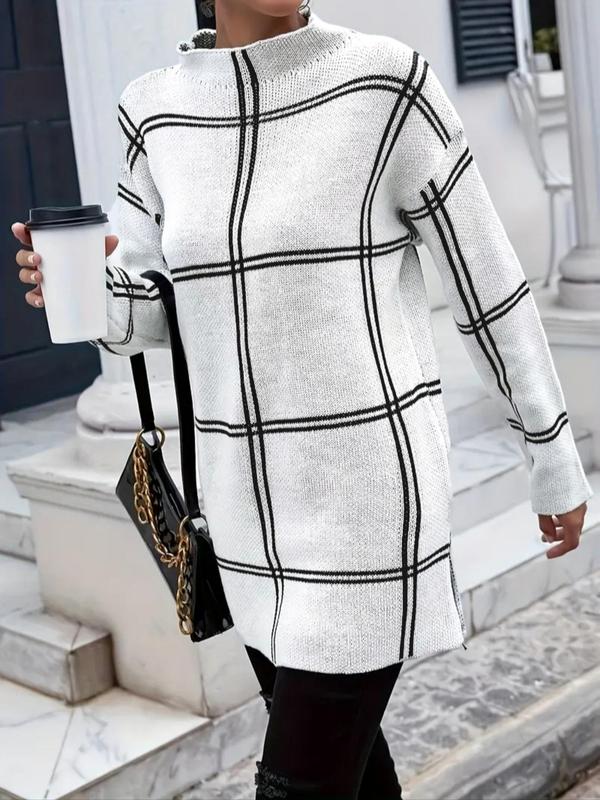 Women's Plaid Jacquard Split Hem Drop Shoulder Sweater, Casual Long Sleeve Mock Neck Jumper for Spring & Fall, Fashion Women's Knitwear for Daily Wear