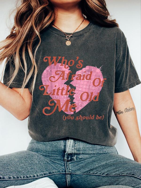Women's Heart & Letter Print Round Neck Tee, Fashion Casual Drop Shoulder Short Sleeve T-shirt, Ladies Summer Clothes for Daily Wear