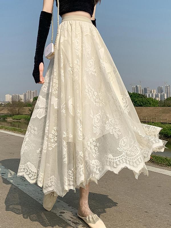 Women's Butterfly & Floral Lace Sheer A Line Skirt, Elegant Fashion Casual Long Skirt for Daily Wear Vacation Holiday, Ladies Bottoms for All Seasons, Vintage Clothing