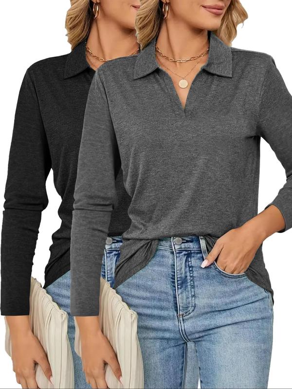 Women's Solid Color Collared Long Sleeve Tee, Casual Polo Neck T-shirt for Fall, Women's Top for Daily Wear