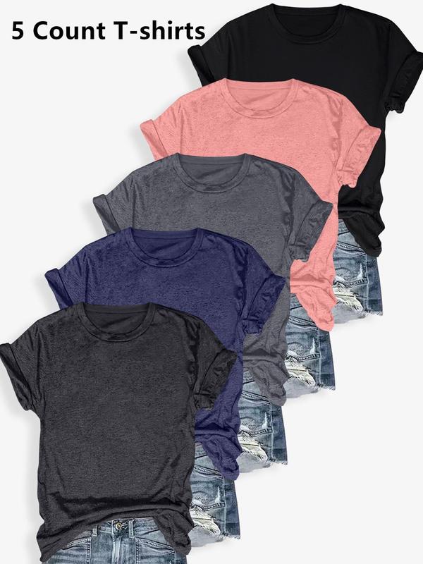 Women's Solid Round Neck Tee, Casual Short Sleeve Crew Neck T-shirt for Summer, Basic Tees, T Shirts for Women, Ladies Clothes for Daily Wear