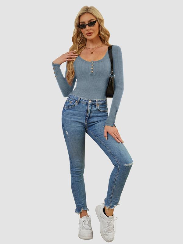 Women’s Long Sleeve T Shirts Button Slim Fit Tops Scoop Neck Ribbed Knit Shirts Casual Clothing Bag Blouses Bottoms Comfy Cute Fashion Pleated