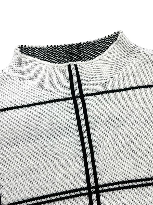Women's Plaid Jacquard Split Hem Drop Shoulder Sweater, Casual Long Sleeve Mock Neck Jumper for Spring & Fall, Fashion Women's Knitwear for Daily Wear