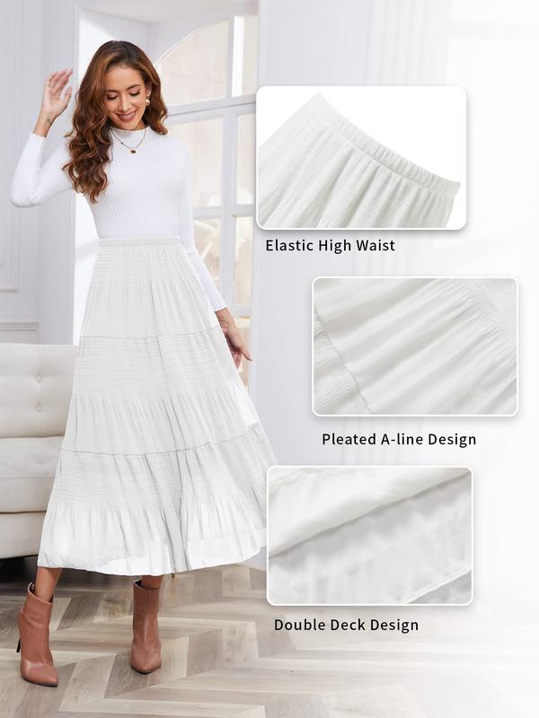 Women's Chiffon Elastic High Waist Pleated A-Line Flared Maxi Casual Skirts