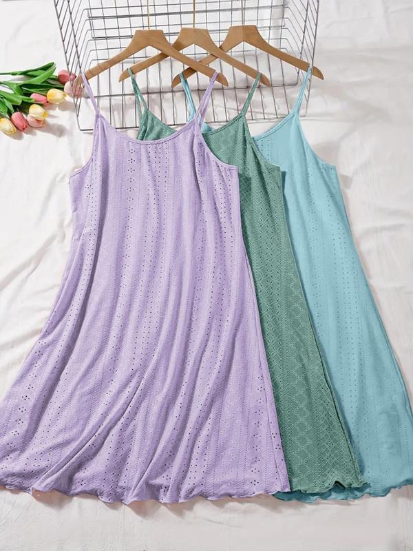  Solid Color Eyelet Embroidery Cami Nightdress, Casual Soft Comfortable Sleeveless Nightgown for Women, Women's Sleepwear for All Seasons