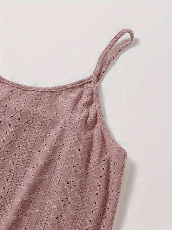  Solid Color Eyelet Embroidery Cami Nightdress, Casual Soft Comfortable Sleeveless Nightgown for Women, Women's Sleepwear for All Seasons